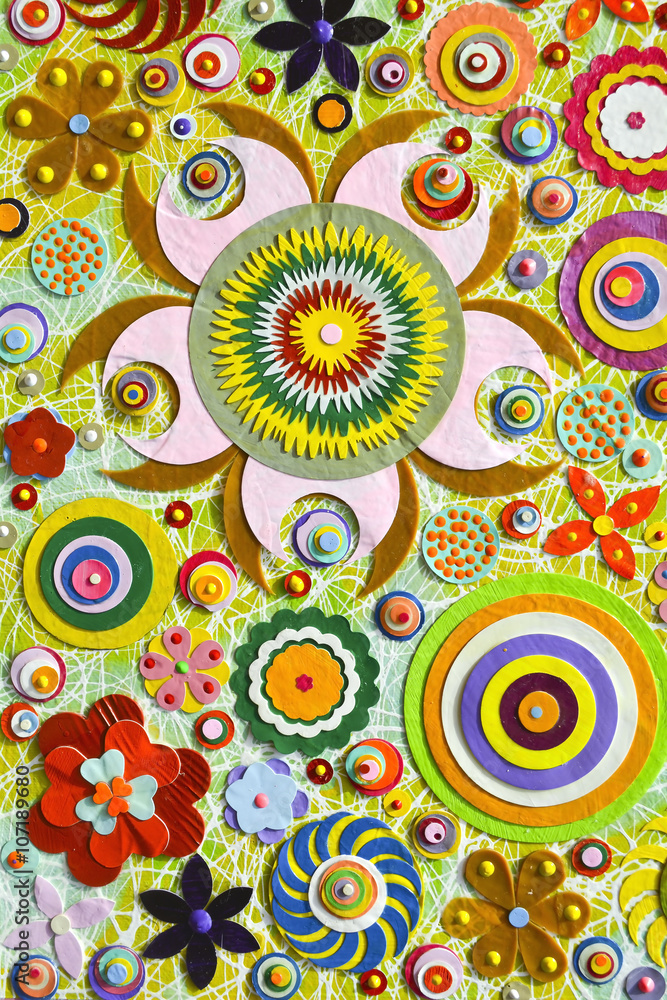 Fototapeta premium Colorful flowers paper background pattern lovely style, zentangle like decorative circular floral elements, made of paper.