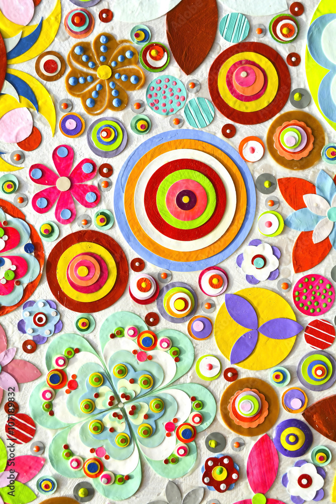Naklejka premium Colorful flowers paper background pattern lovely style, zentangle like decorative circular floral elements, made of paper.
