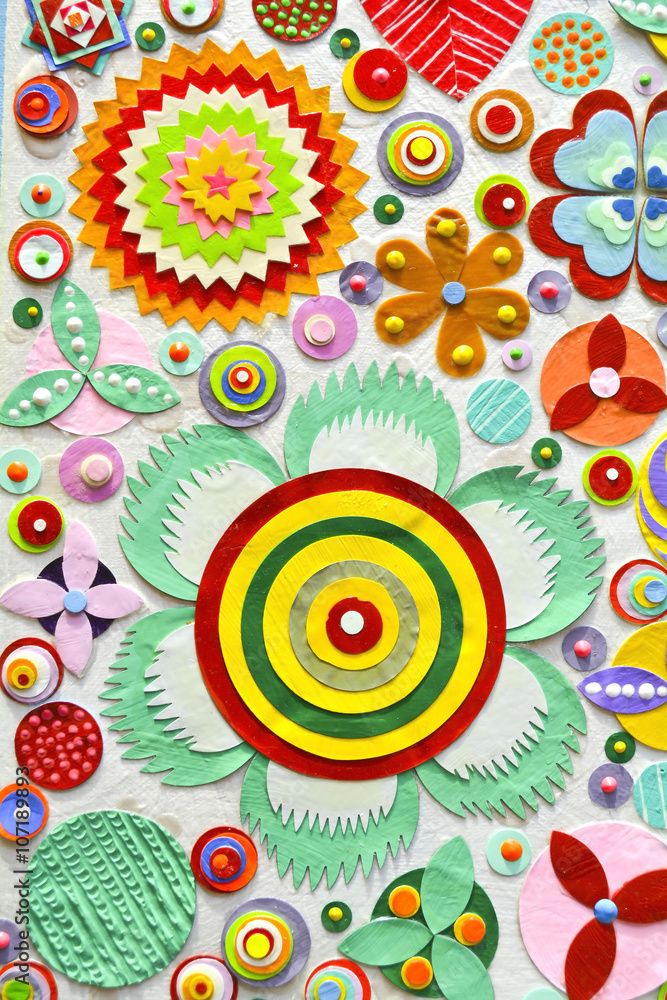Fototapeta premium Colorful flowers paper background pattern lovely style, zentangle like decorative circular floral elements, made of paper.