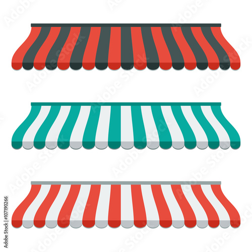 Set of striped awnings for shop and marketplace. Isolated and colorful. Flat design. Vector