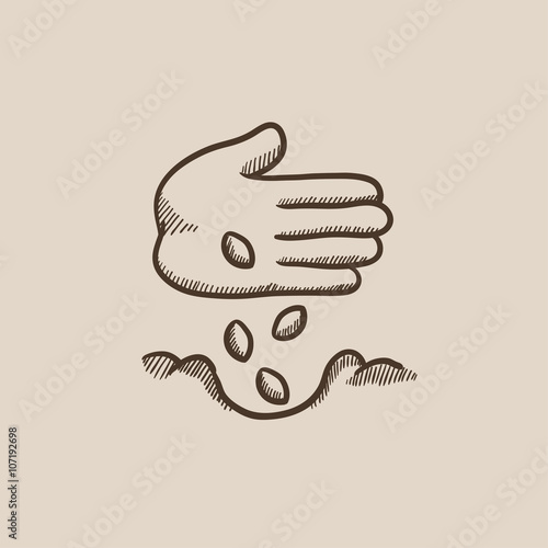 Hand planting seeds in ground sketch icon.