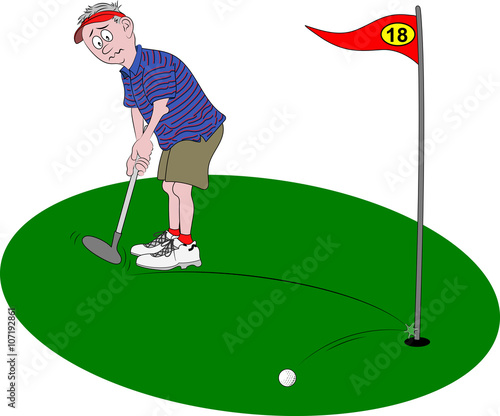 Vector cartoon illustration depicting a golfer, looking dismayed, holding golf club as his golf ball hits the flagpole and bounces off. 