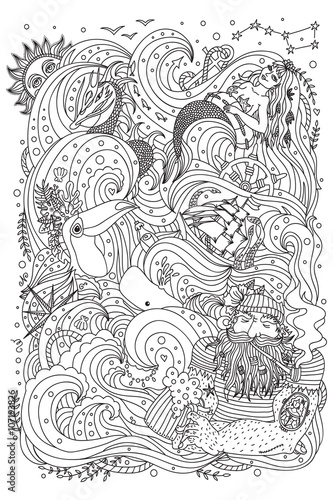 Monochrome ornament for adult coloring book. Sea theme - old sailor, mermaid, exotic creatures, ship, fishes, ocean waves.
