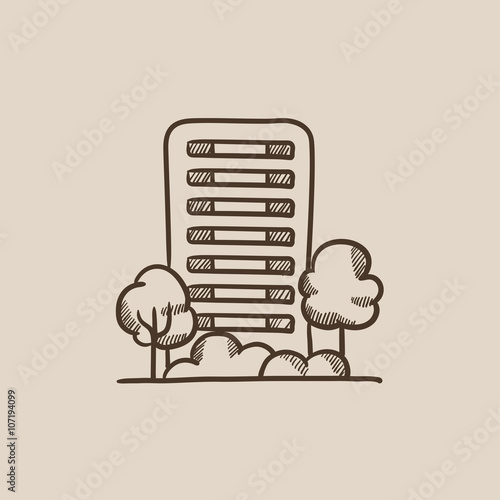 Residential building with trees sketch icon.