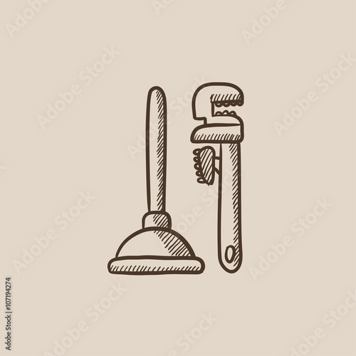 Pipe wrenches and plunger sketch icon.