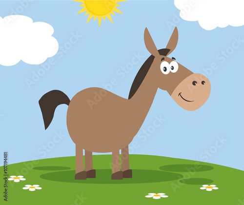Smiling Donkey Cartoon Character. Illustration Flat Design Style With Background