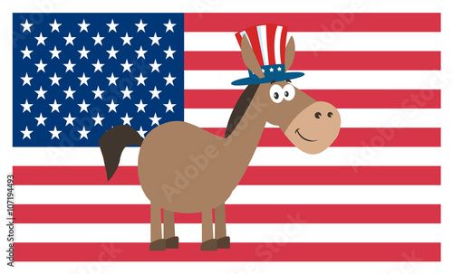 Democrat Donkey Cartoon Character With Uncle Sam Hat Over USA Flag