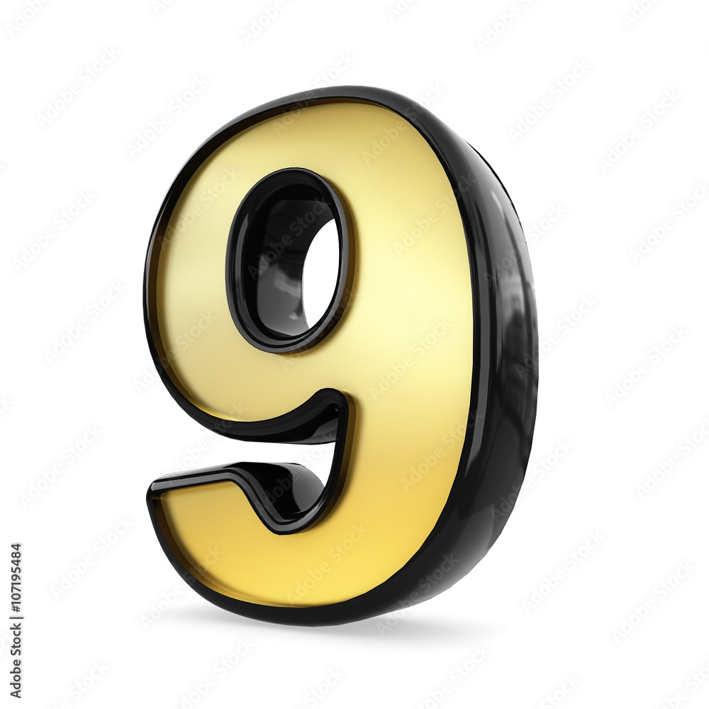 3d gold and black metal number nine 9 isolated white background 3d gold and black metal number nine 9 isolated white background