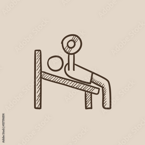 Man lying on bench and lifting barbell sketch icon.