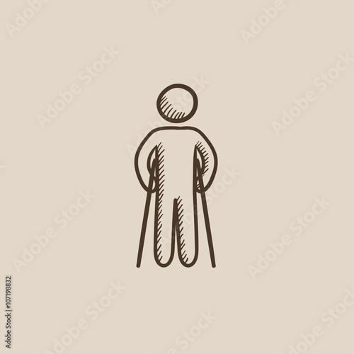 Man with crutches sketch icon.