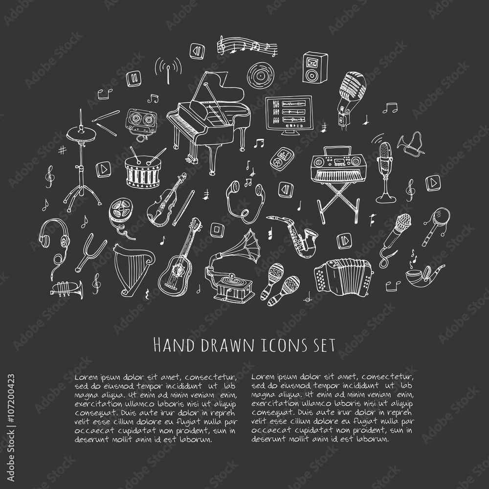 Hand drawn doodle Music set Vector illustration musical instrument and symbols icons collections Cartoon sound concept elements Music notes Piano Guitar Violin Trumpet Drum Gramophone Saxophone Harp Hand drawn doodle Music set Vector illustration musical instrument and symbols icons collections Cartoon sound concept elements Music notes Piano Guitar Violin Trumpet Drum Gramophone Saxophone Harp