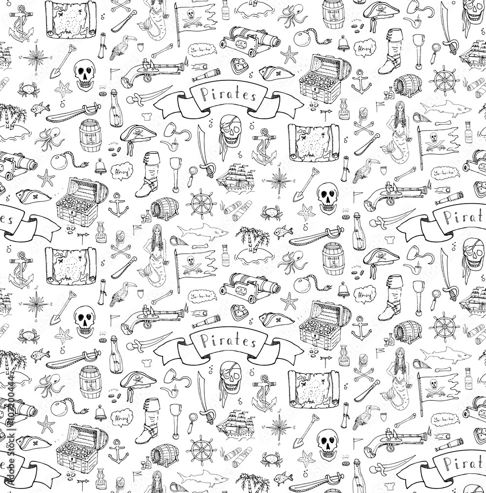 Seamless background hand drawn doodle Pirate icons set Vector illustration pirate symbols collection Cartoon piracy concept elements Pirate hat Treasure chest Skull Crossbones Compass Pirate costume