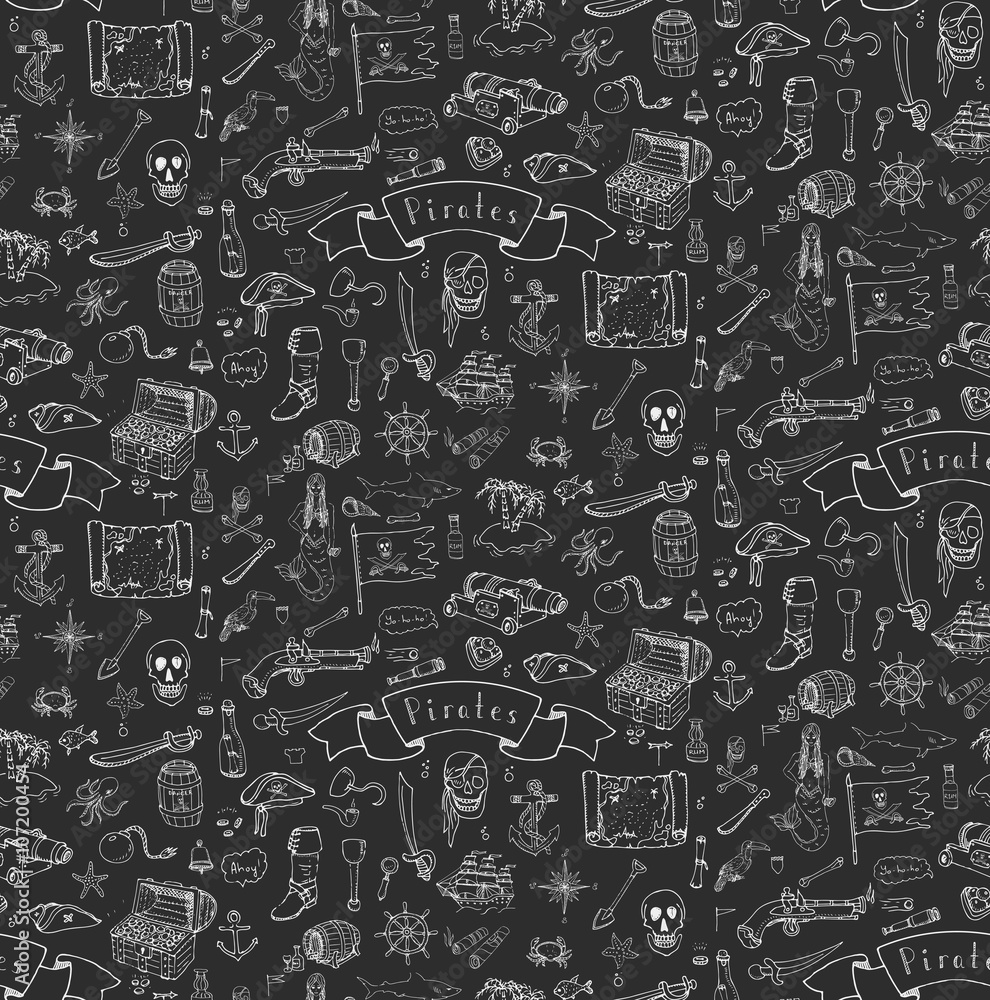 Seamless background hand drawn doodle Pirate icons set Vector ...