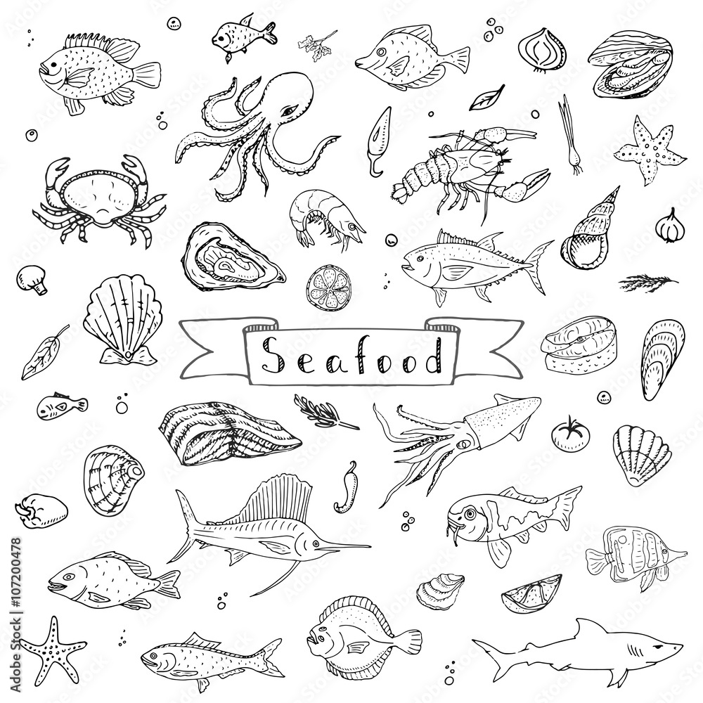 Hand drawn doodle Seafood icons set Vector illustration seafood symbols