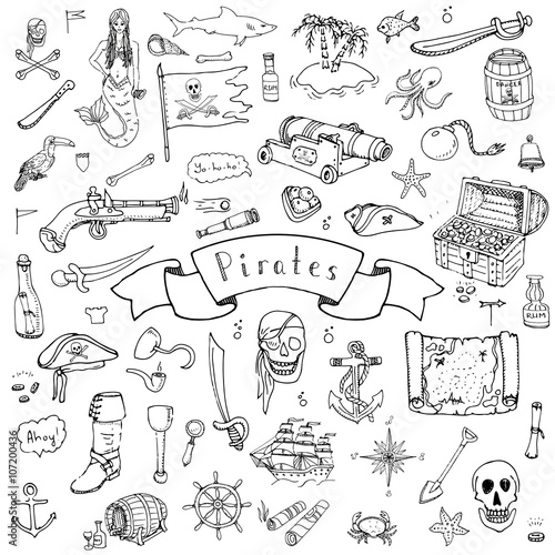 Hand drawn doodle Pirate icons set Vector illustration pirate symbols collection Cartoon piracy concept elements Pirate hat Treasure chest Black flag Skull Crossbones Compass Pirate costume elements