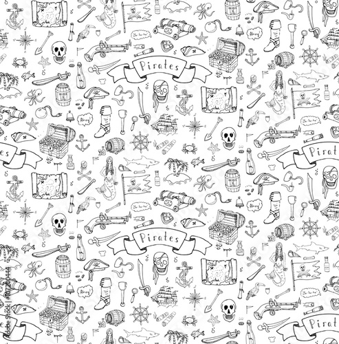 Seamless background hand drawn doodle Pirate icons set Vector illustration pirate symbols collection Cartoon piracy concept elements Pirate hat Treasure chest Skull Crossbones Compass Pirate costume