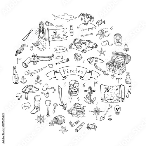 Hand drawn doodle Pirate icons set Vector illustration pirate symbols collection Cartoon piracy concept elements Pirate hat Treasure chest Black flag Skull Crossbones Compass Pirate costume elements