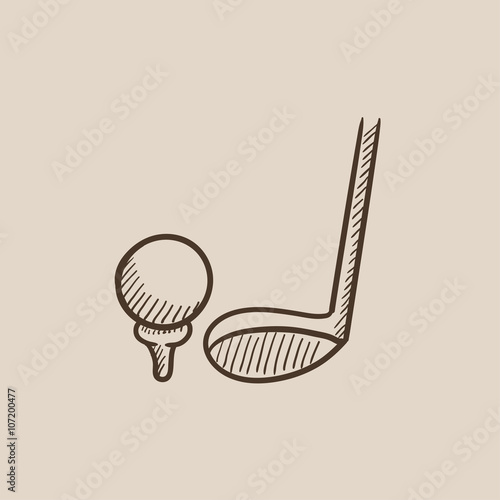 Golf ball and putter sketch icon.