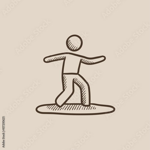 Male surfer riding on surfboard sketch icon.