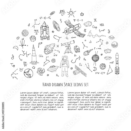 Hand drawn doodle Space and Cosmos set Vector illustration Universe icons Space concept elements Rocket Space ship symbols collection Solar system Planets Galaxy Milky Way Astronaut Tech freehand icon