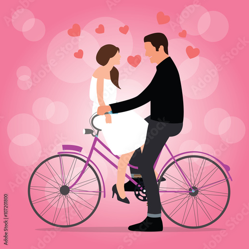 couple on bicycle fall in love pink background romantic moment man woman