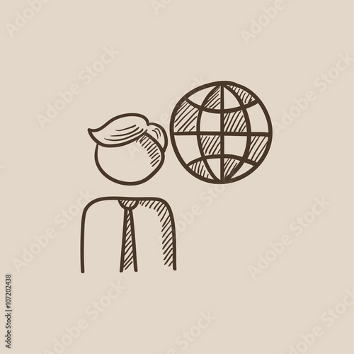 Man with globe sketch icon.