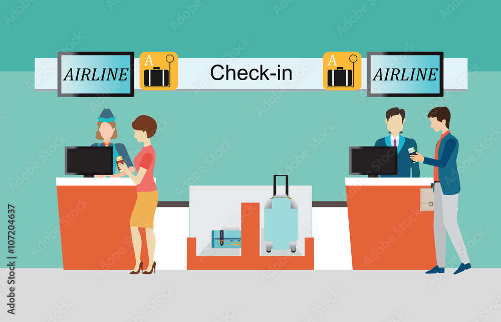Business people checking in counter airplane. Business people checking in counter airplane.