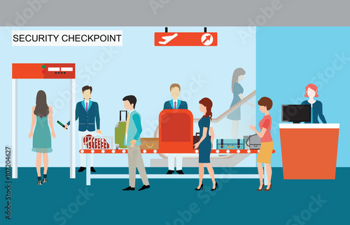 Business people in airport terminal, security check.