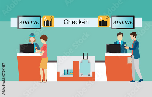 Business people checking in counter airplane.