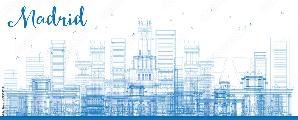Outline Madrid Skyline with blue buildings.