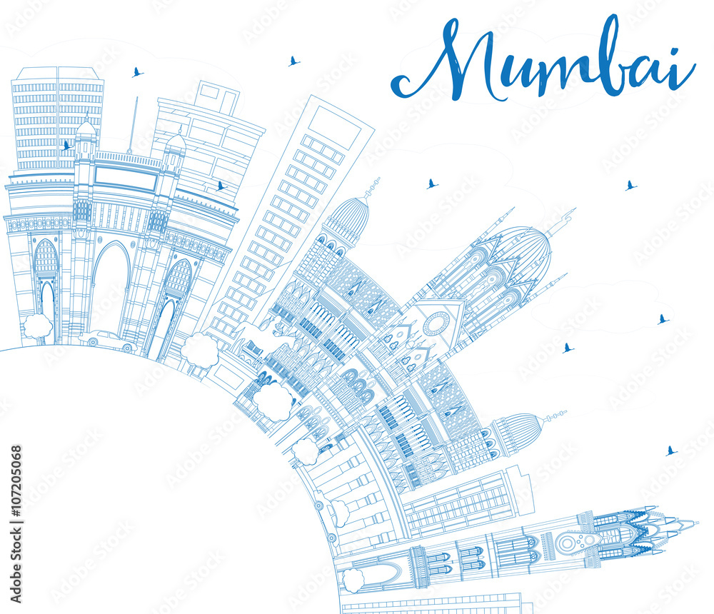 Outline Mumbai Skyline with Blue Landmarks.