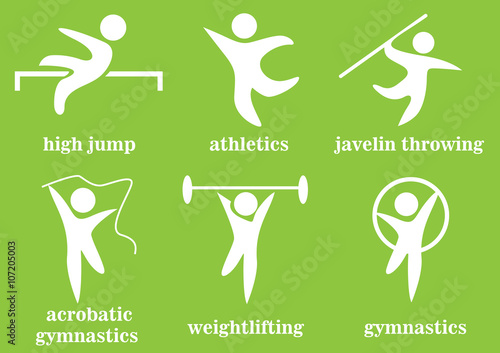 gymnastics, acrobatic gymnastics, weightlifting, high jump, athletics, javelin throwing, sport icons 