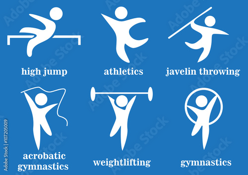 gymnastics, acrobatic gymnastics, weightlifting, high jump, athletics, javelin throwing, sport icons 