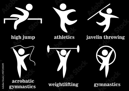 gymnastics, acrobatic gymnastics, weightlifting, high jump, athletics, javelin throwing, sport icons 