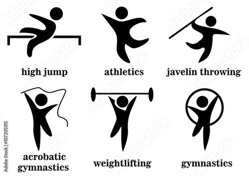 gymnastics, acrobatic gymnastics, weightlifting, high jump, athletics, javelin throwing, sport icons 