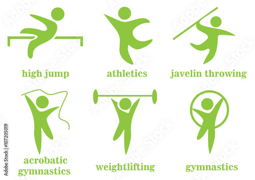 gymnastics, acrobatic gymnastics, weightlifting, high jump, athletics, javelin throwing, sport icons 