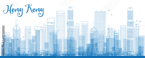Outline Hong Kong skyline with blue skyscrapers and taxi.