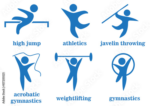 gymnastics, acrobatic gymnastics, weightlifting, high jump, athletics, javelin throwing, sport icons 