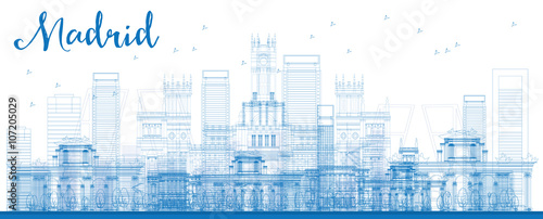 Outline Madrid Skyline with blue buildings.