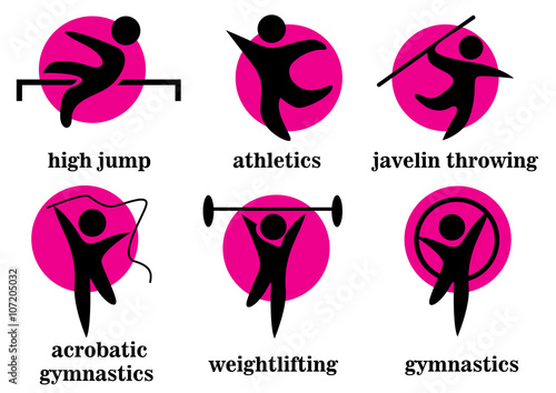 gymnastics, acrobatic gymnastics, weightlifting, high jump, athletics, javelin throwing, sport icons 