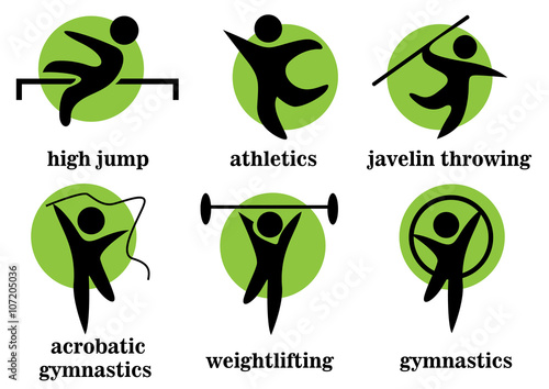 gymnastics, acrobatic gymnastics, weightlifting, high jump, athletics, javelin throwing, sport icons 