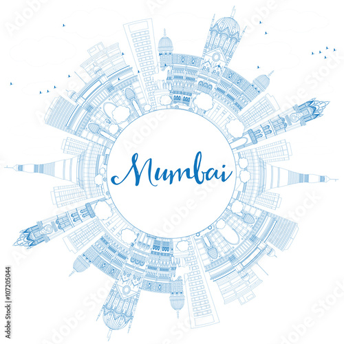 Outline Mumbai Skyline with Blue Landmarks.