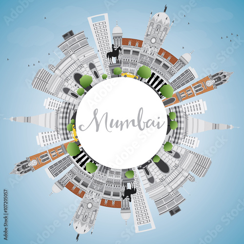 Mumbai Skyline with Gray Landmarks and Blue Sky.