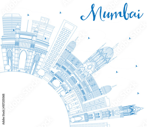 Outline Mumbai Skyline with Blue Landmarks.