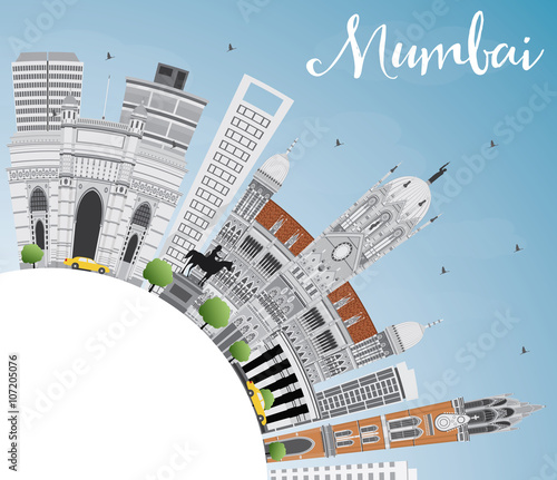 Mumbai Skyline with Gray Landmarks and Blue Sky.