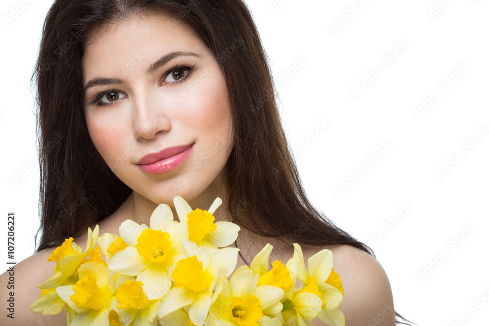 beautiful woman with daffodils beautiful woman with daffodils