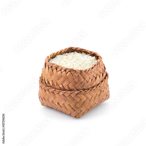 Sticky rice with wicker basket Isolated on white