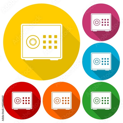 Bank safe box icons set with long shadow