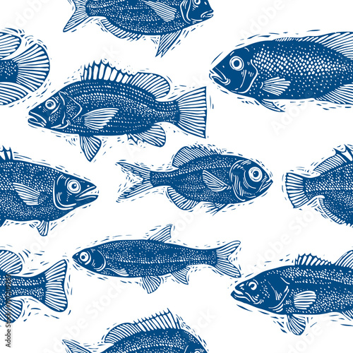 Freshwater fish vector endless pattern, nature and marine theme