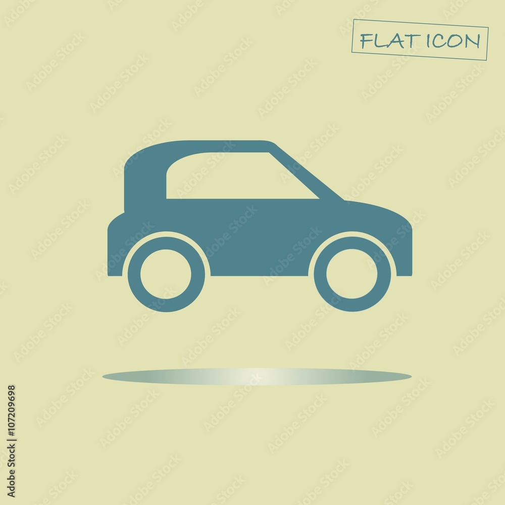 Flat car icon. Blue car on light yellow background. Icon vector